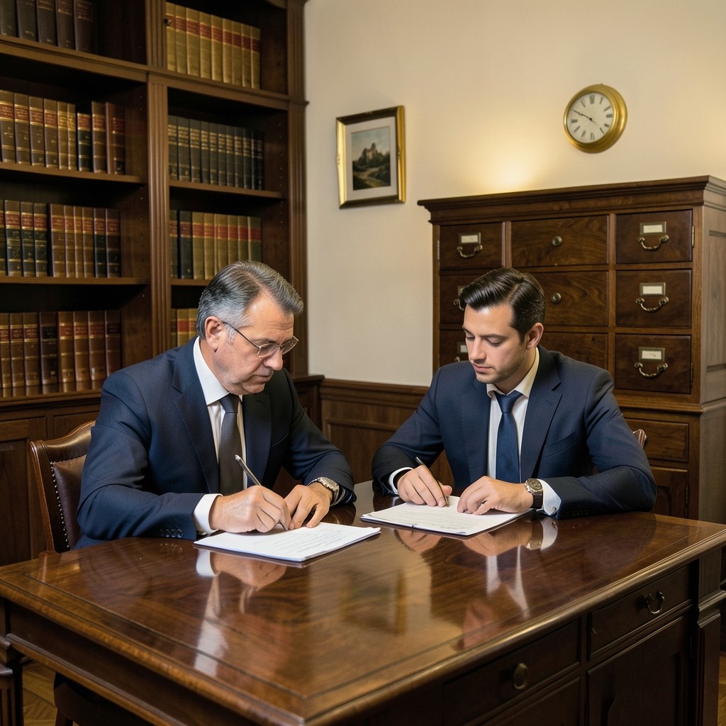 Equipo de consultores laborales en despacho de Muriedas con estantería de archivos legales