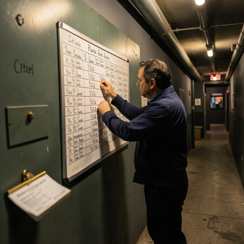 Trabajador nocturno consultando horario con recibo de salarios en primer plano