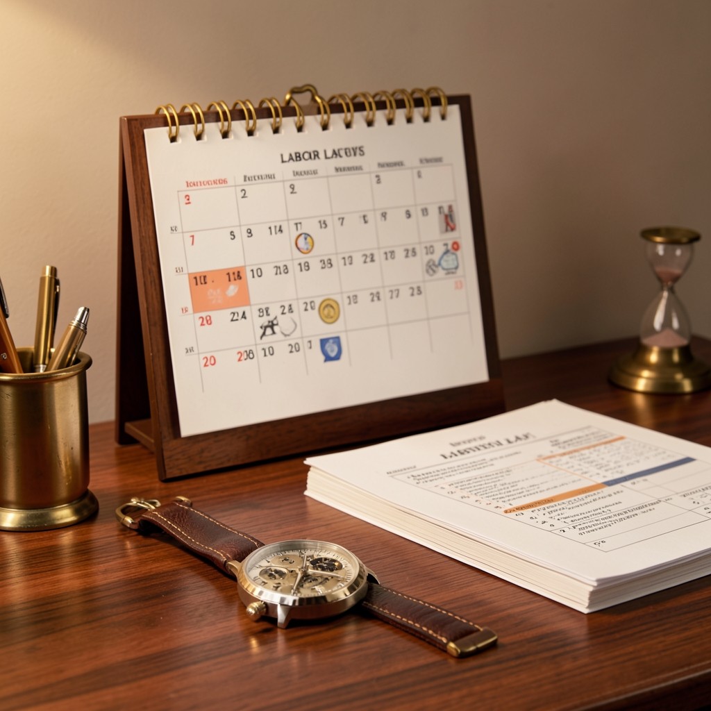 Calendario laboral junto a documentos legales sobre escritorio con acabado en latón