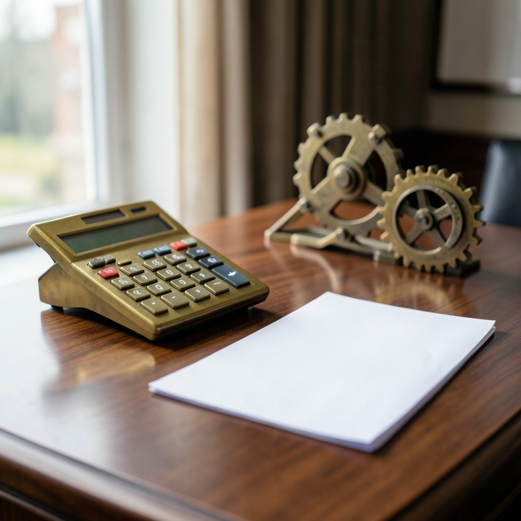Finiquito laboral y calculadora sobre escritorio con estilo clásico de despacho
